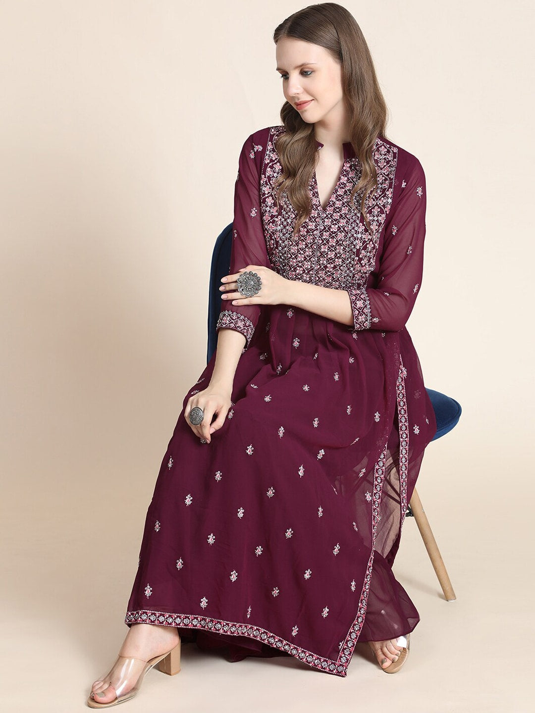 Kalini Women Burgundy Floral Yoke Design Empire Silk Georgette Kurta with Sharara | Swadesiicart