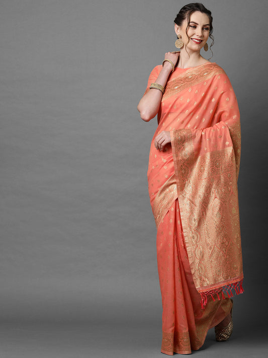 Mitera Peach-Coloured & Gold Floral Woven Design Silk Blend Banarasi Saree | Swadesiicart