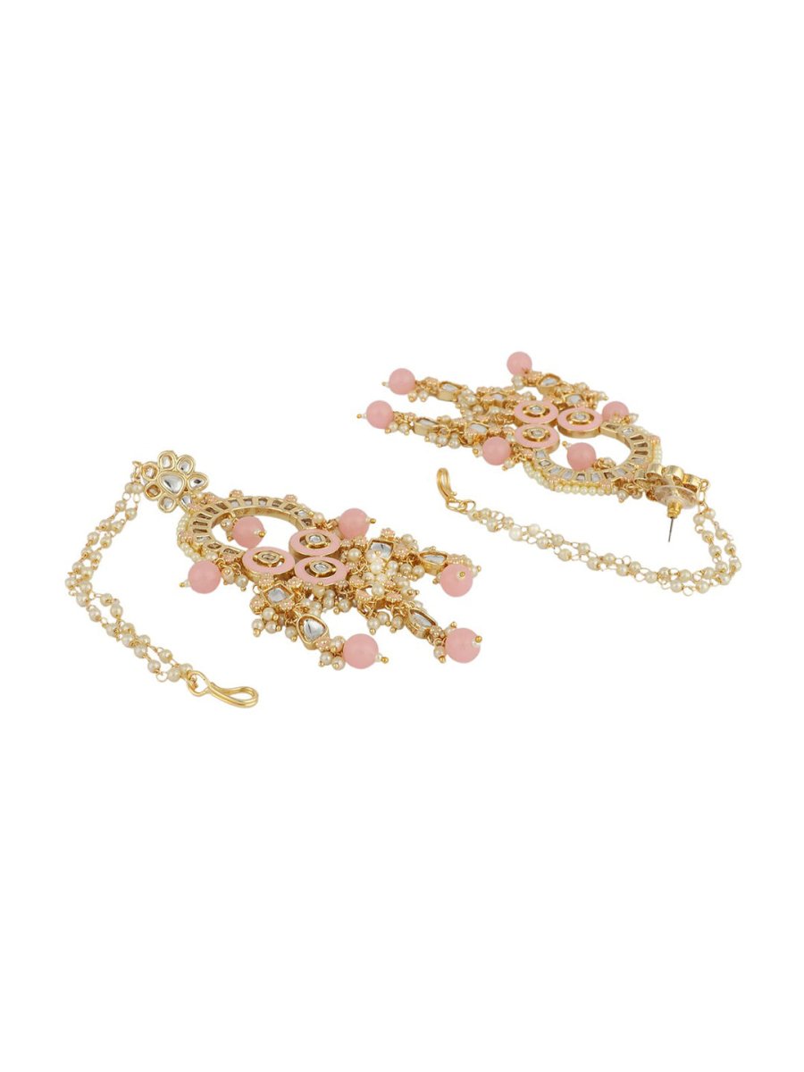 Anikas Creation Pink & Gold-Polished Kundan Contemporary Chandbalis With Ear Chain Earrings | Swadesiicart
