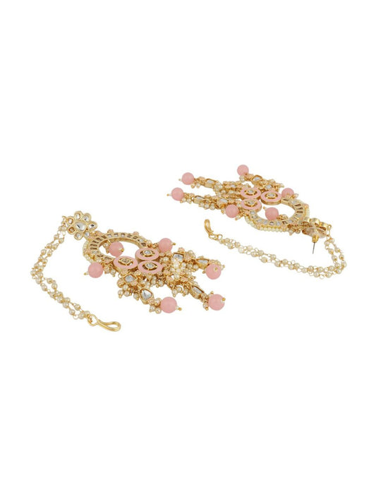 Anikas Creation Pink & Gold-Polished Kundan Contemporary Chandbalis With Ear Chain Earrings | Swadesiicart