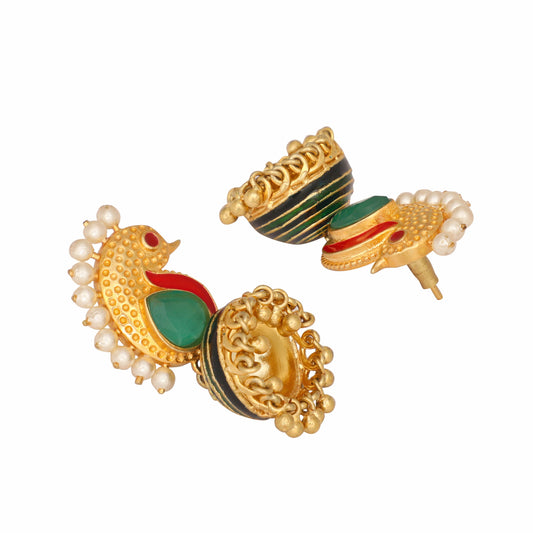 Nuyug 22K Gold Plated Pearls Studded Contemporary Shaped Enamel Jhumkas | Swadesiicart