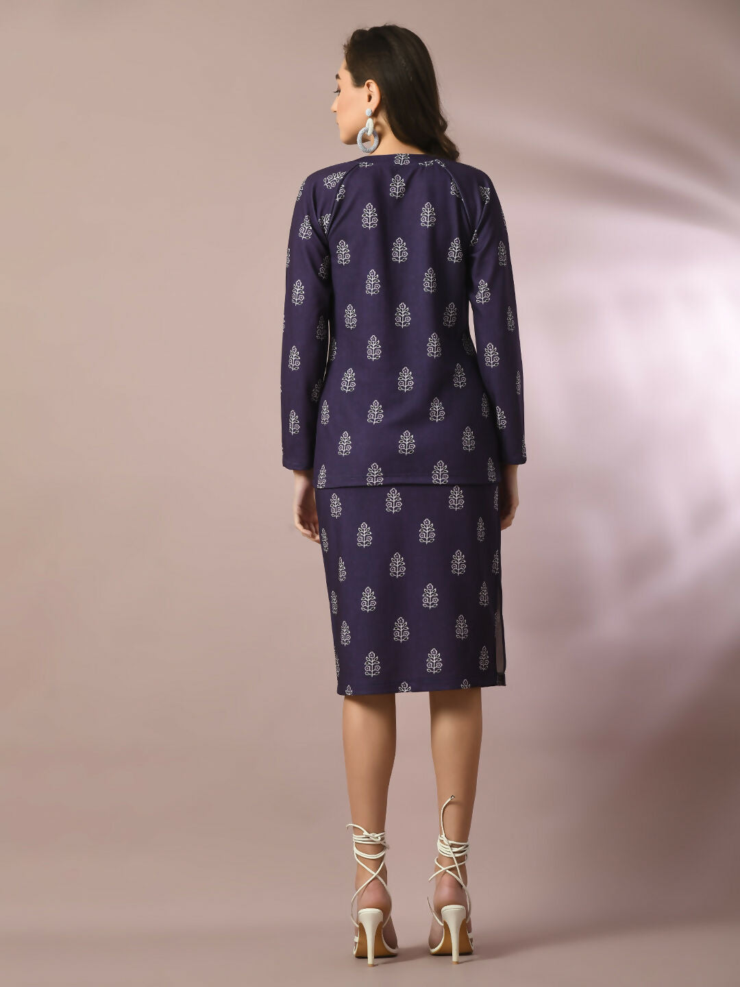 Myshka Women's Navy Blue Printed Round Neck Party Top With Skirt Co-ord set - Swadesiicart