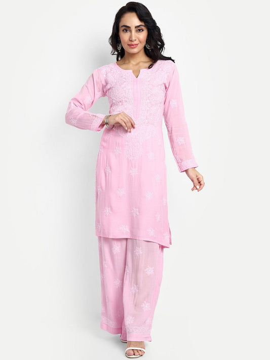 ADA Floral Embroidered Round Neck Long Sleeve Regular Chikankari Kurta With Palazzos | Swadesiicart