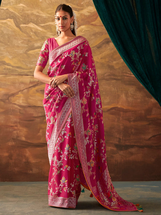 Mitera Pink & White Ethnic Motifs Zari Silk Banarasi Saree | Swadesiicart