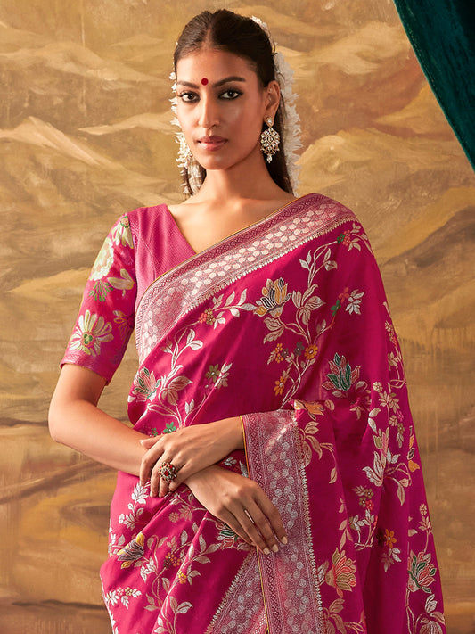 Mitera Pink & White Ethnic Motifs Zari Silk Banarasi Saree | Swadesiicart