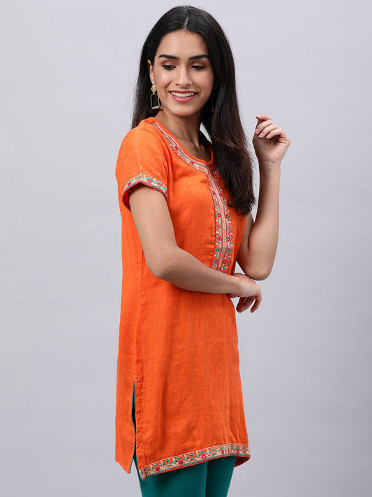 Souchii Orange Floral Embroidered Mirror Work Mirror Work Kurti
