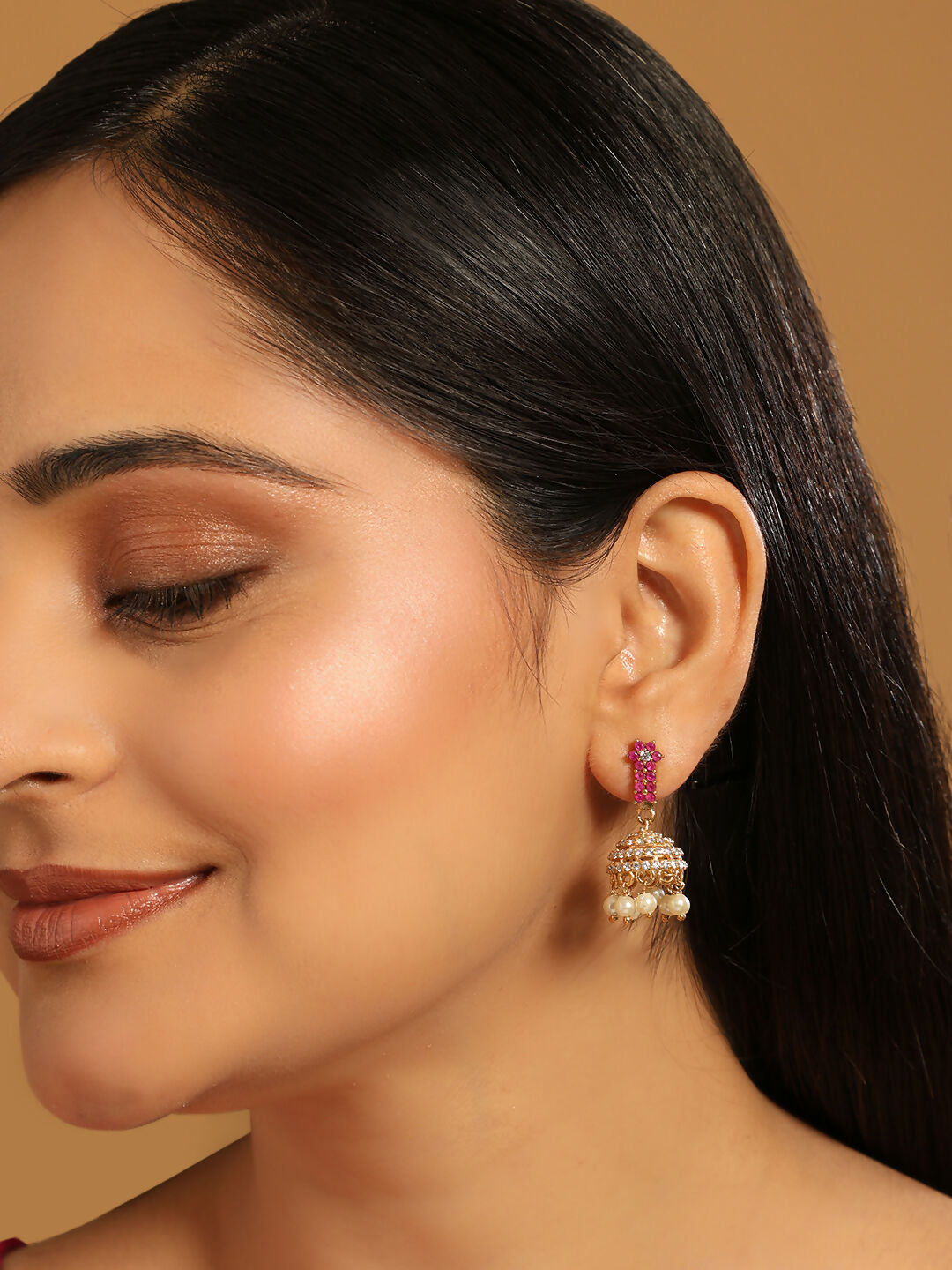 Nuyug 22K Gold Plated Pearl 7 Colored Stone Studded Contemporary Shaped Pink Mini Jhumkas | Swadesiicart