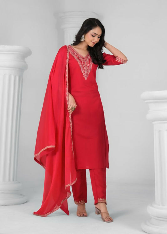 Ethnic Festive Wear Chanderi Viscose Red Stitched Suit With Dupatta - Tanisha | Swadesiicart
