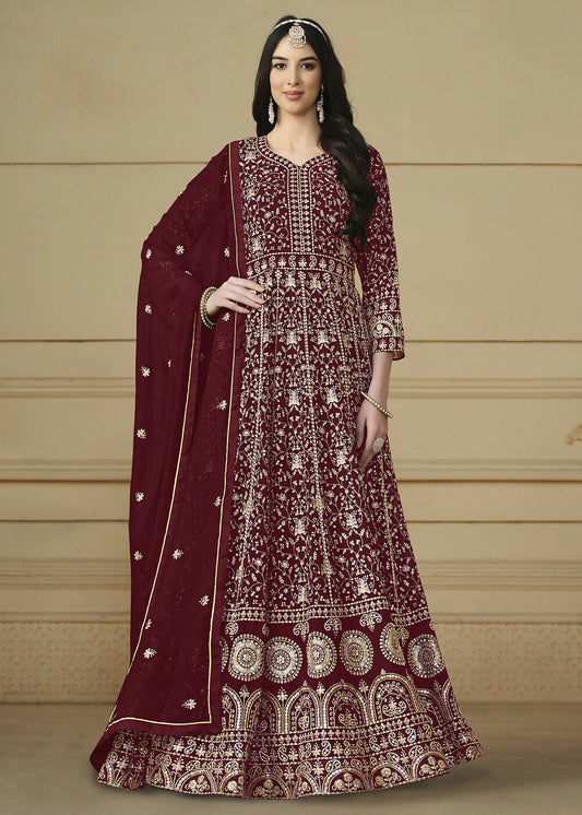 Maroon Embroidered Trendy Style Anarkali Suit - Emponline | Swadesiicart