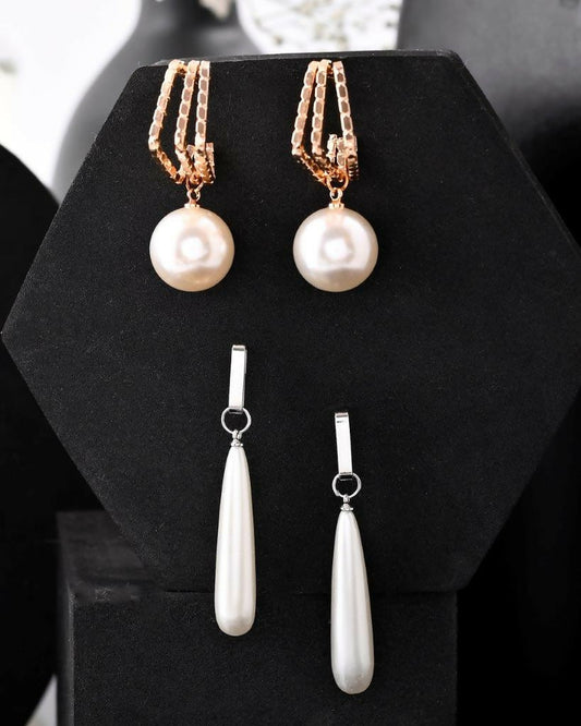 VOJ Set Of 2 Korean Drop Earrings - Gold-Polished and Silver Plated With White Pearl - VOJ (Valley Of Jewellery)