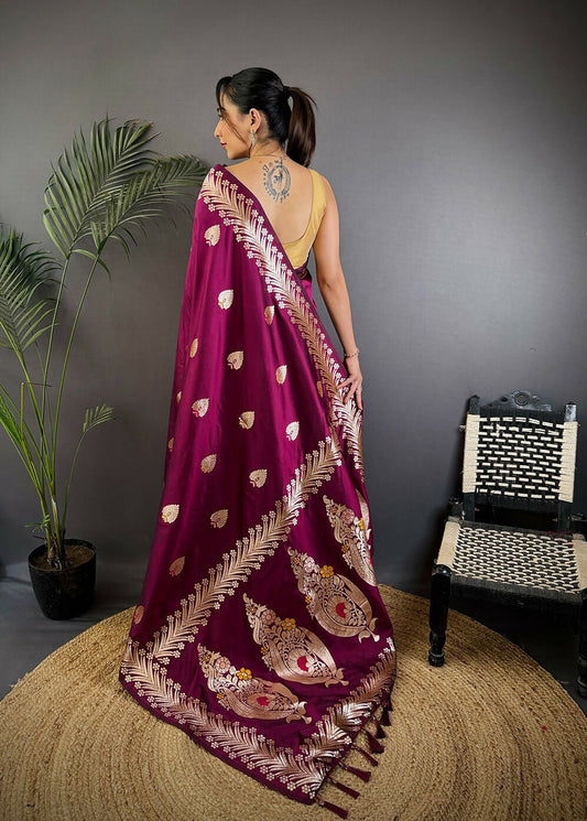 Joban Fashion Banarasi PlumWoven Soft Silk Saree | Swadesiicart
