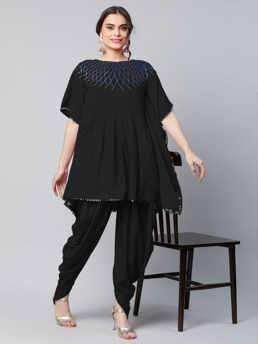 Ahalyaa Women Black Crepe Glitter Printed Kurta with Dhoti Pants | Swadesiicart