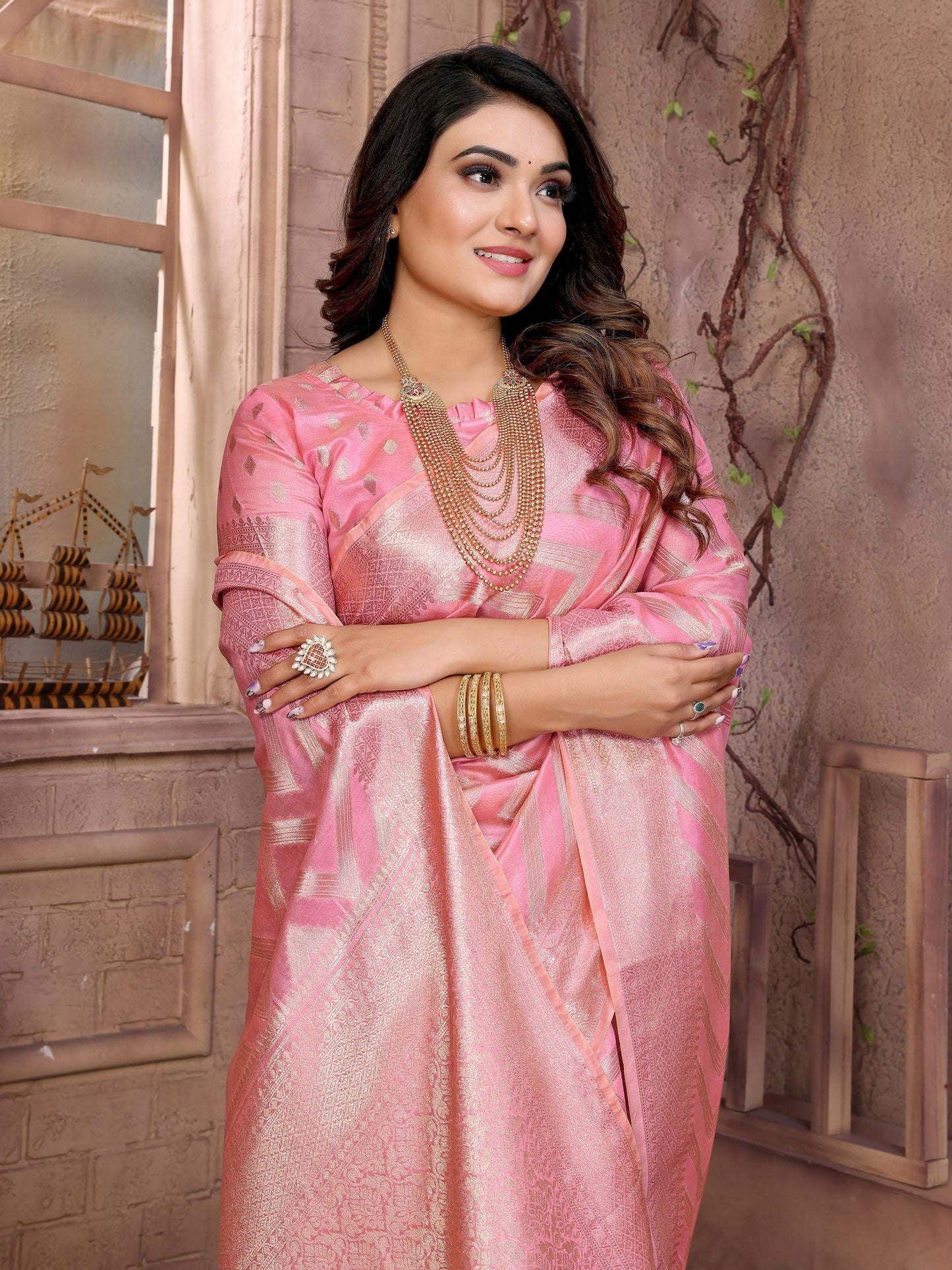 Aastha Fashion Pink Soft Organza Silk Weaving Saree