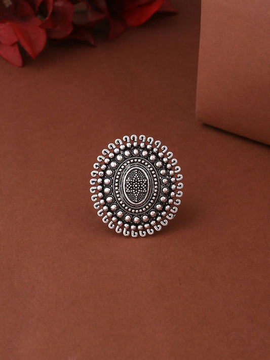 NVR Women's Oxidised Silver Plated Adjustable Finger Ring | Swadesiicart