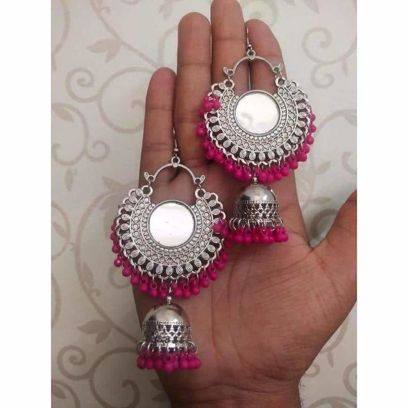 MS Fashion India Pink Color Pearls Chandbali Earrings With Mirror | Swadesiicart