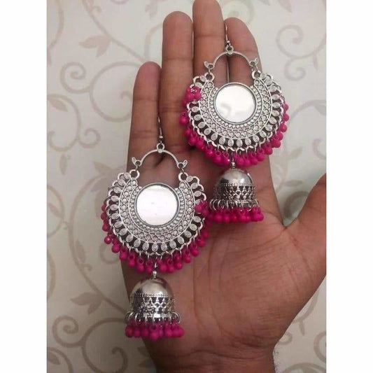 MS Fashion India Pink Color Pearls Chandbali Earrings With Mirror | Swadesiicart