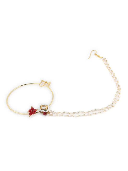 Gold-Polished White Red Kundan-Studded Pearl Beaded Nosepin - Ruby Raang | Swadesiicart