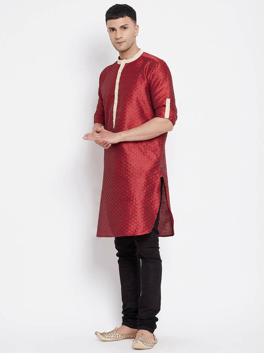 Even Apparels Red Art Silk Men's Kurta With Contrast Collar And Placket | Swadesiicart