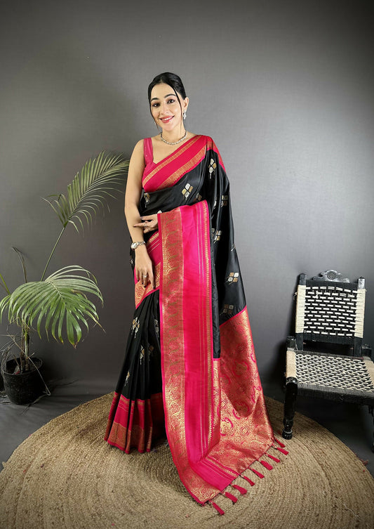 Joban Fashion Black Banarasi Soft Silk Woven Saree | Swadesiicart