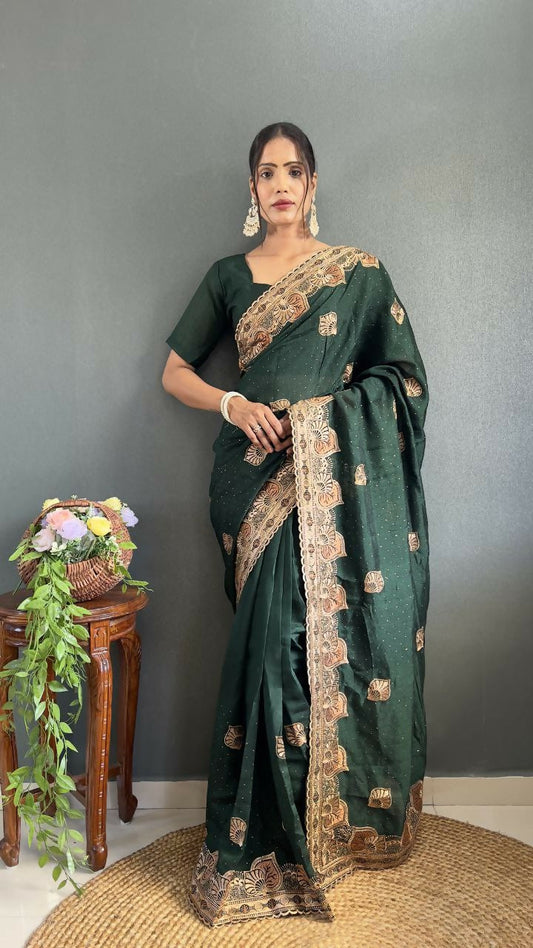 Vastranavya Green Vichitra Silk Zari with Swarovski Work Ready to Wear Saree | Swadesiicart