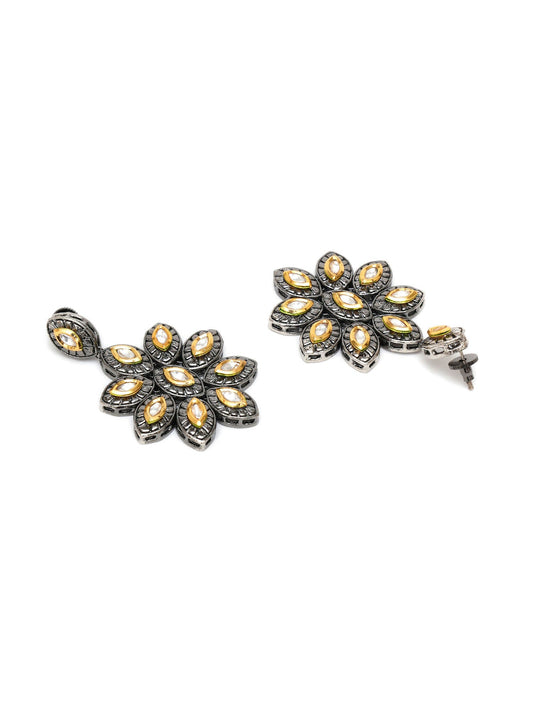 Dual Tone Kundan Flower Studs (silver) - Ruby Raang - Swadesiicart