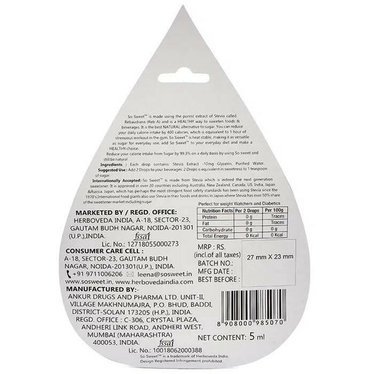 Herboveda So Sweet Stevia Liquid Drops- Sweetener Sugar Free - Swadesiicart