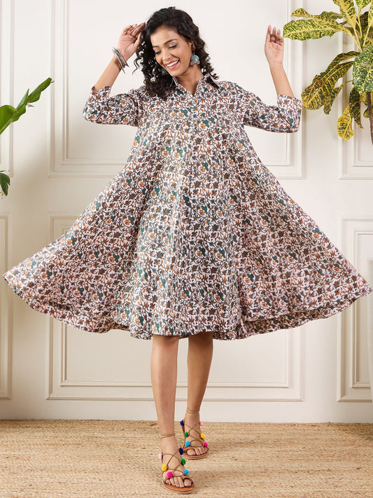 InWeave Teal Floral Sage Jaal Print Collar Dress - Swadesiicart