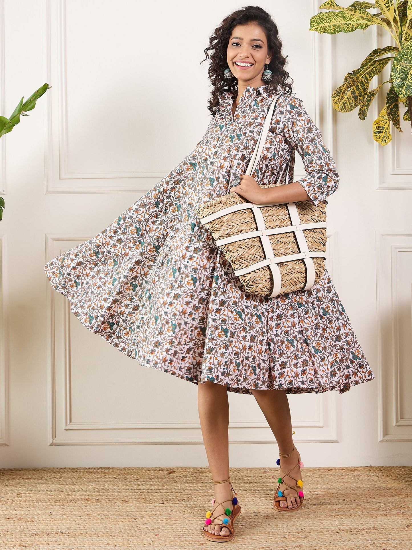InWeave Teal Floral Sage Jaal Print Collar Dress - Swadesiicart