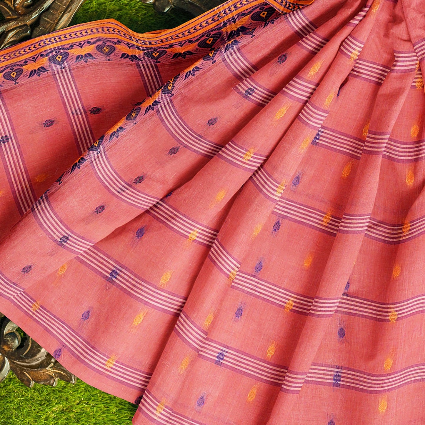 Exclusive Collection 100% Pure Cotton Peach Tant Saree With Hand Weaving Work - Swadesiicart