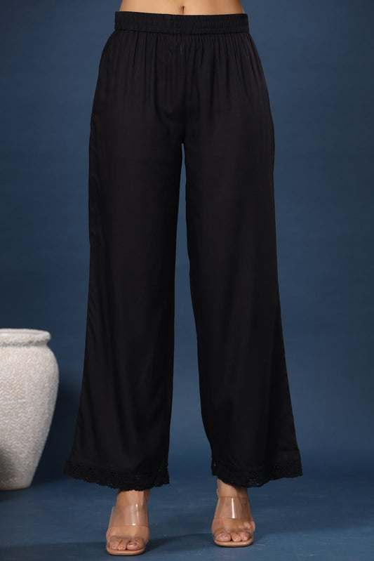 Juniper Women Black Rayon Solid Wide Leg Palazzo | Swadesiicart