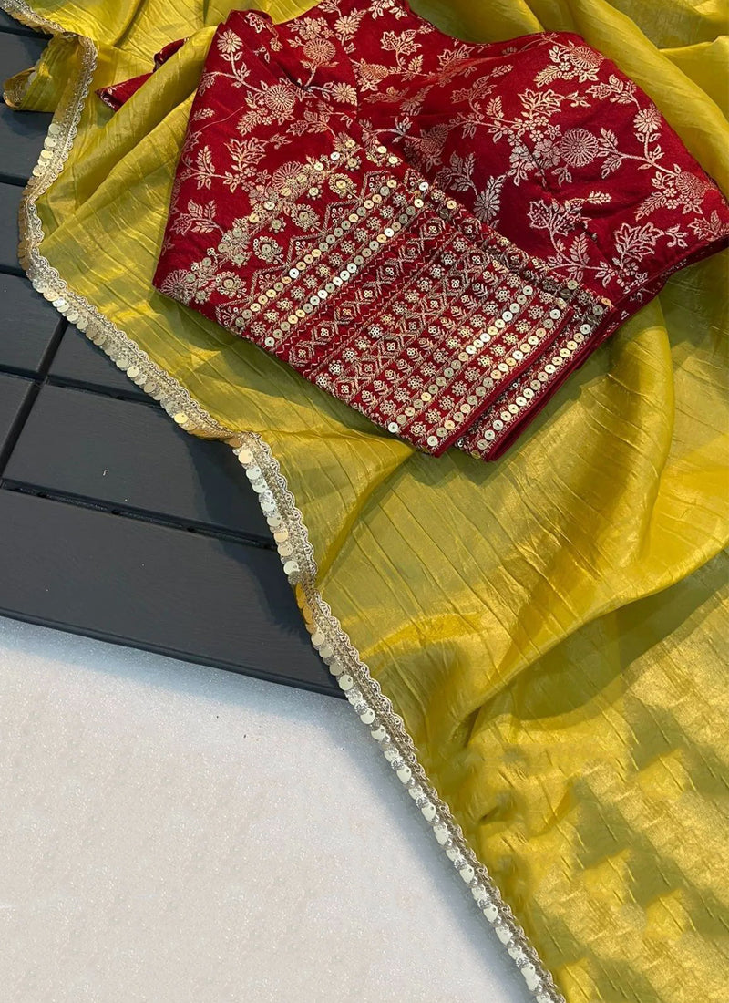 Lorenvalley Fashion Attractive Yellow Crush Tissue Silk Saree With Jacquard Weaving Stitched Blouse - Swadesiicart