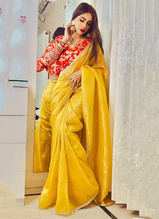 Lorenvalley Fashion Attractive Yellow Crush Tissue Silk Saree With Jacquard Weaving Stitched Blouse - Swadesiicart