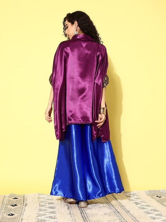 InWeave Women's Wine Navy Brocade Satin Boho Blue Palazzo Set - Swadesiicart