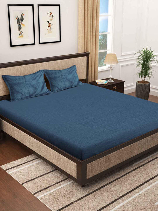 KLOTTHE Turquoise Blue 300 TC Woolen Fitted King Bedsheet With 2 Pillow Covers - Swadesiicart