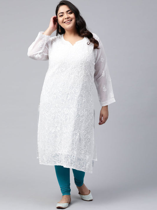 ADA Women Plus Size White Ethnic Motifs Chikankari Embroidered Georgette Handloom Kurta With Slip | Swadesiicart