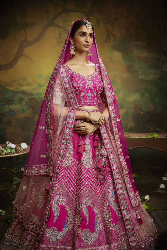 House of Panchhi Pink Pure Silk Moti & Zarkan heavy embroidery Lehenga choli & Dupatta