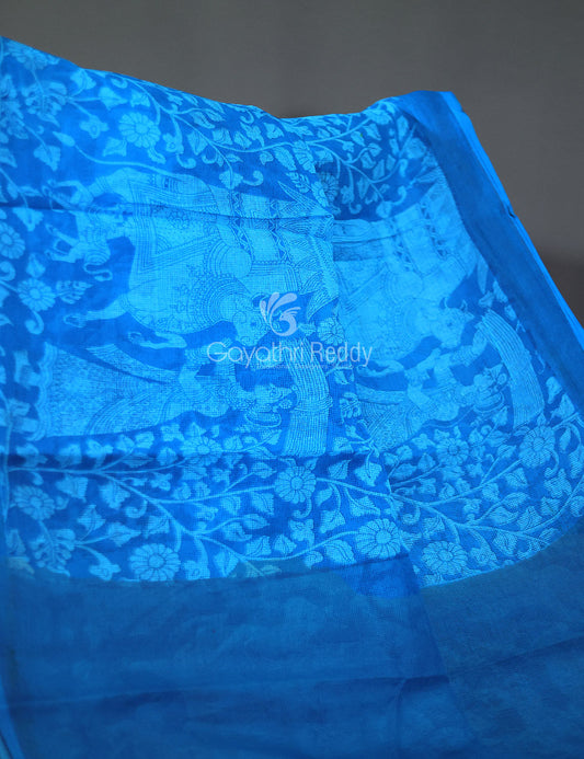 Sky Blue Kalamkaari Print Munga Cotton Saree By Gayathri Reddy Designer Studio | Swadesiicart