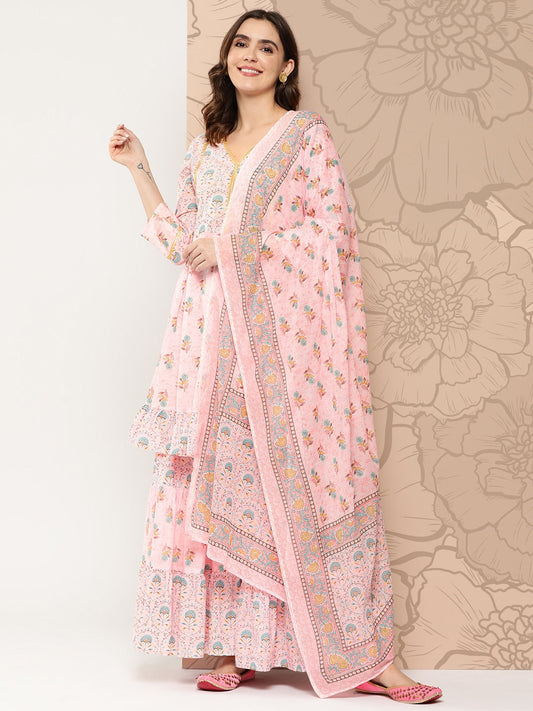 Kalini Floral Printed Gotta Patti Pure Cotton Kurta with Sharara & Dupatta | Swadesiicart