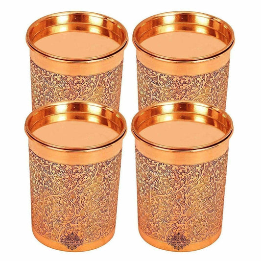 Copper Glass Tumbler with Lid Embossed Design - Swadesiicart