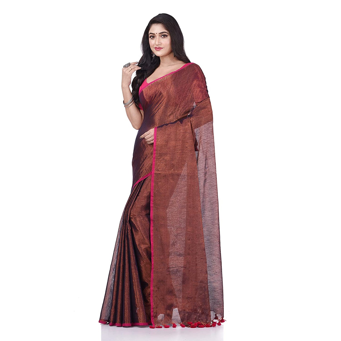 Desh Bidesh Women's Bengal Mayurkonthi Color Changer Tissue Khadi Pure Handloom Cotton Saree With Blouse Piece | Swadesiicart