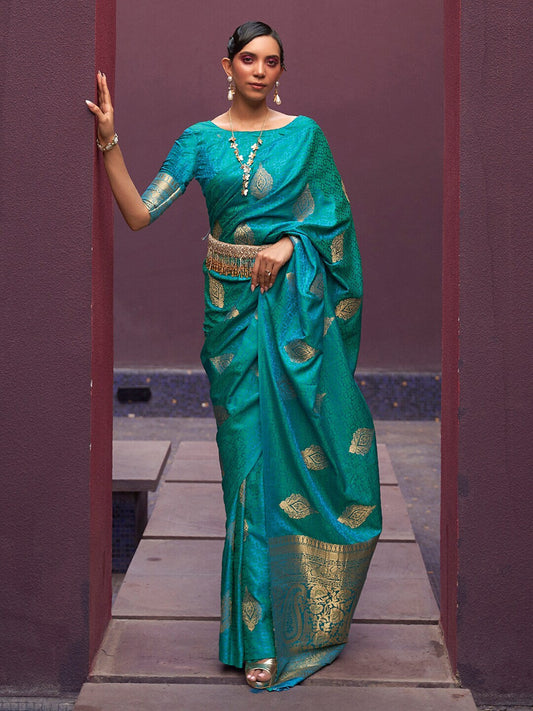 Mitera Teal & Gold-Toned Bagh Pure Silk Banarasi Saree | Swadesiicart