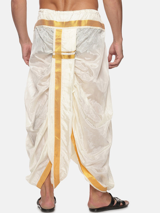 Sethukrishna Men Cream-Coloured & Gold-Coloured Solid Art Silk Dhoti Pants | Swadesiicart
