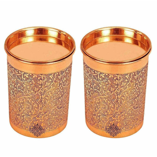 Copper Glass Tumbler with Lid Embossed Design - Swadesiicart