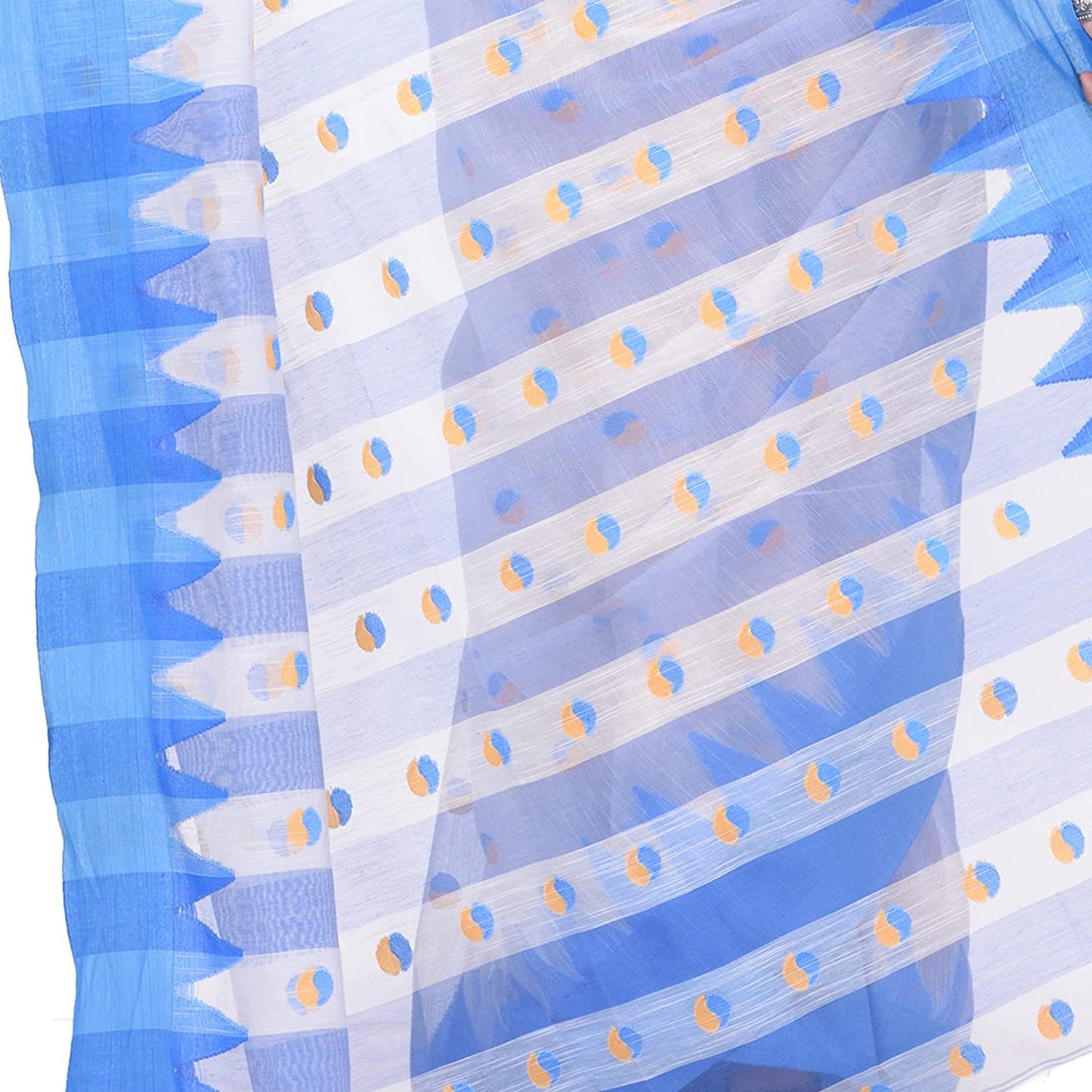 Desh Bidesh Women's Traditional Bengali Handloom Tant Pure Cotton Saree Khadi Bicolor Ball Temple Par Designed With Blouse Piece | Swadesiicart