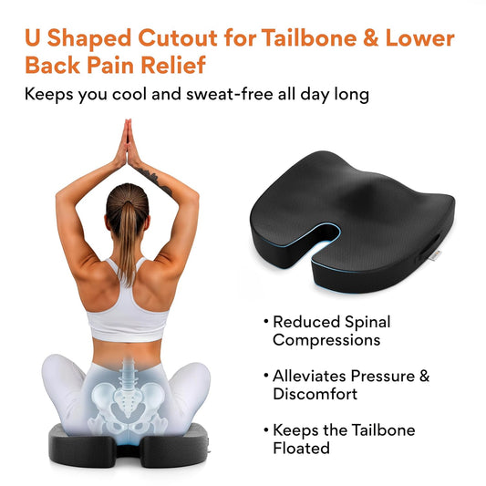 FOVERA Orthopedic Coccyx Seat Cushion for Tailbone Pain | 2-Years Warranty | Memory Foam Chair Pad for Sciatica & Back Pain Relief (18 x 17 Inch), Fits Up to 120Kg Wt, for Chair & Car (Mesh Black)