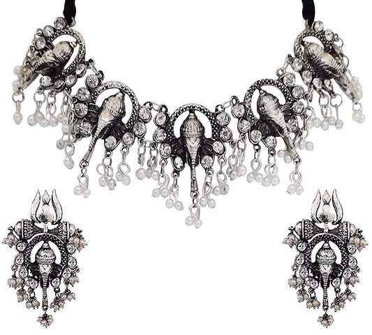 Silver-Plated Alloy Oxidised Ganesh Ji Shape Necklace - The Pari