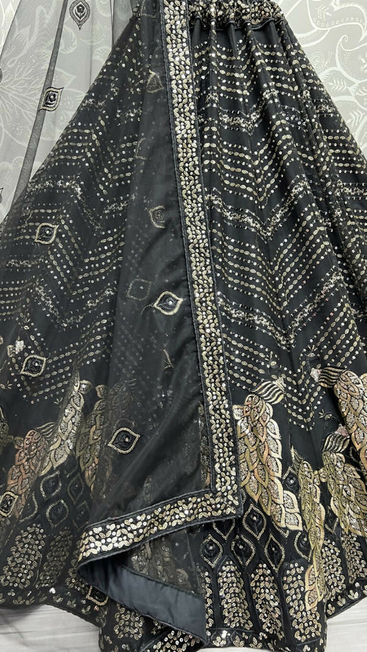 Jyoti Fashion Women's Black Bridal Net Fancy Foil & Sequins with Multi Thread Embroidered Wedding Lehenga Choli | Swadesiicart
