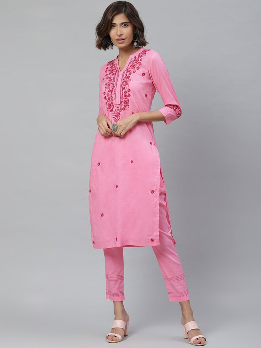 ADA Women Pink & Red Chikankari Embroidered Sustainable Handloom Kurta with Trousers | Swadesiicart