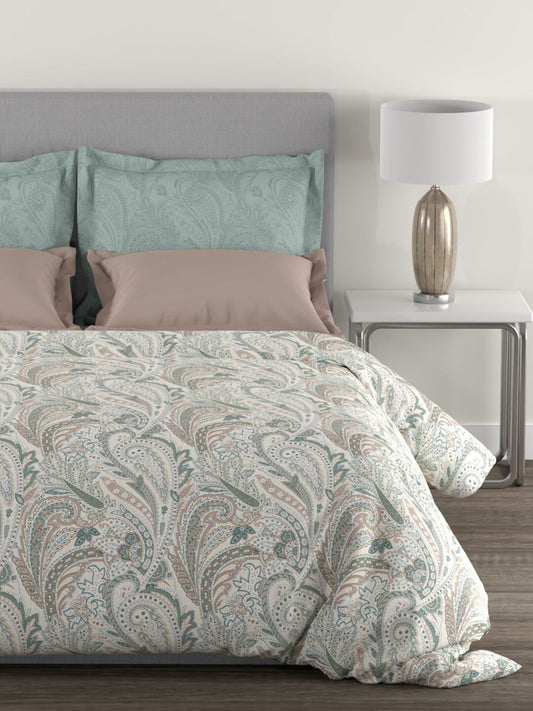 MYTRIDENT Green White Ethnic Motifs Cotton 144 TC Queen Bedsheet With 2 Pillow Covers - Swadesiicart