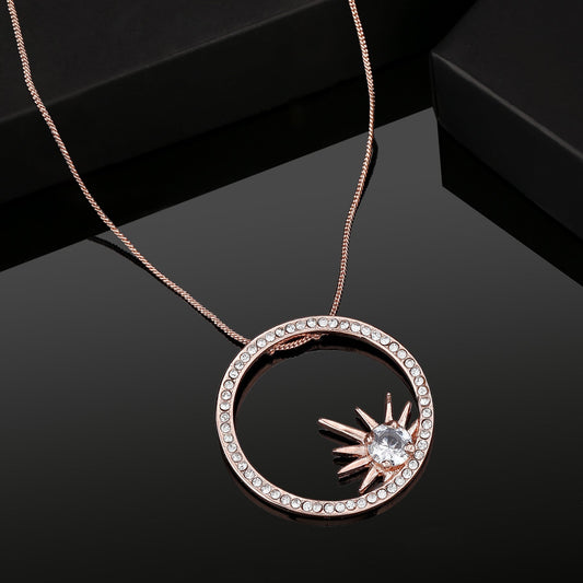Estele Rose Gold-Polished Elegant White Crystals Adorned Circular Design Pendant Necklace with Chain for Girls & Women | Swadesiicart